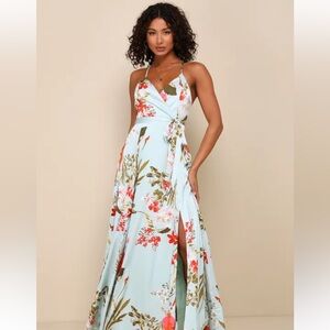 Lulus sage green floral satin maxi dress